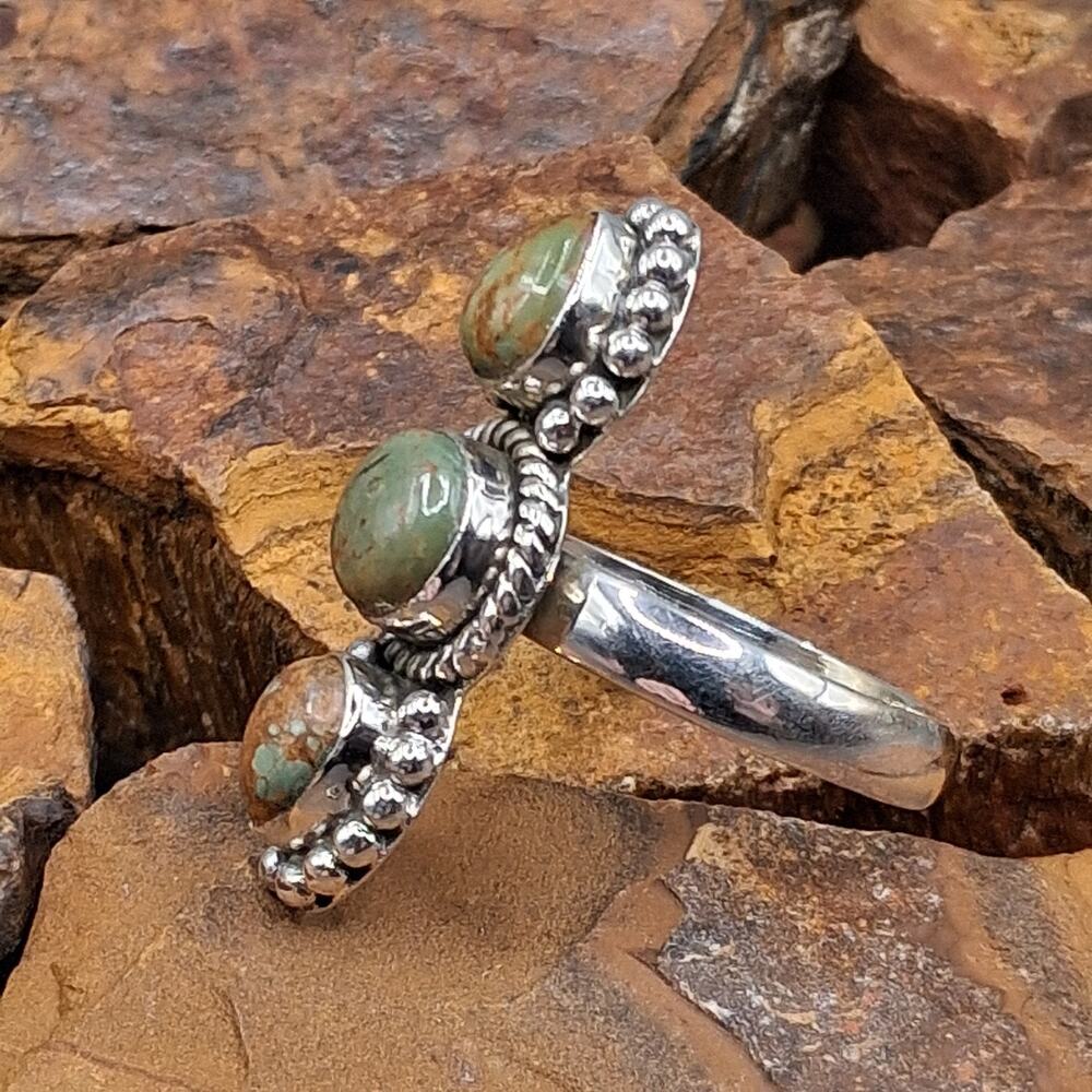 Sterling Silver Royston Turquoise Ring size 9 Dark Green 3 Stone Southwestern - Picture 4 of 10